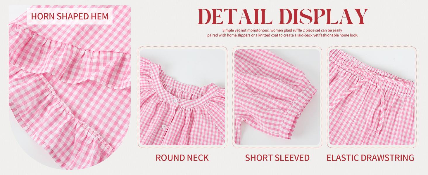 Arssm Women’s Gingham Pajama Set – 2-Piece Plaid Cotton Button-Down Top & Pants with Ruffle for Cozy Sleepwear & Lounge Set