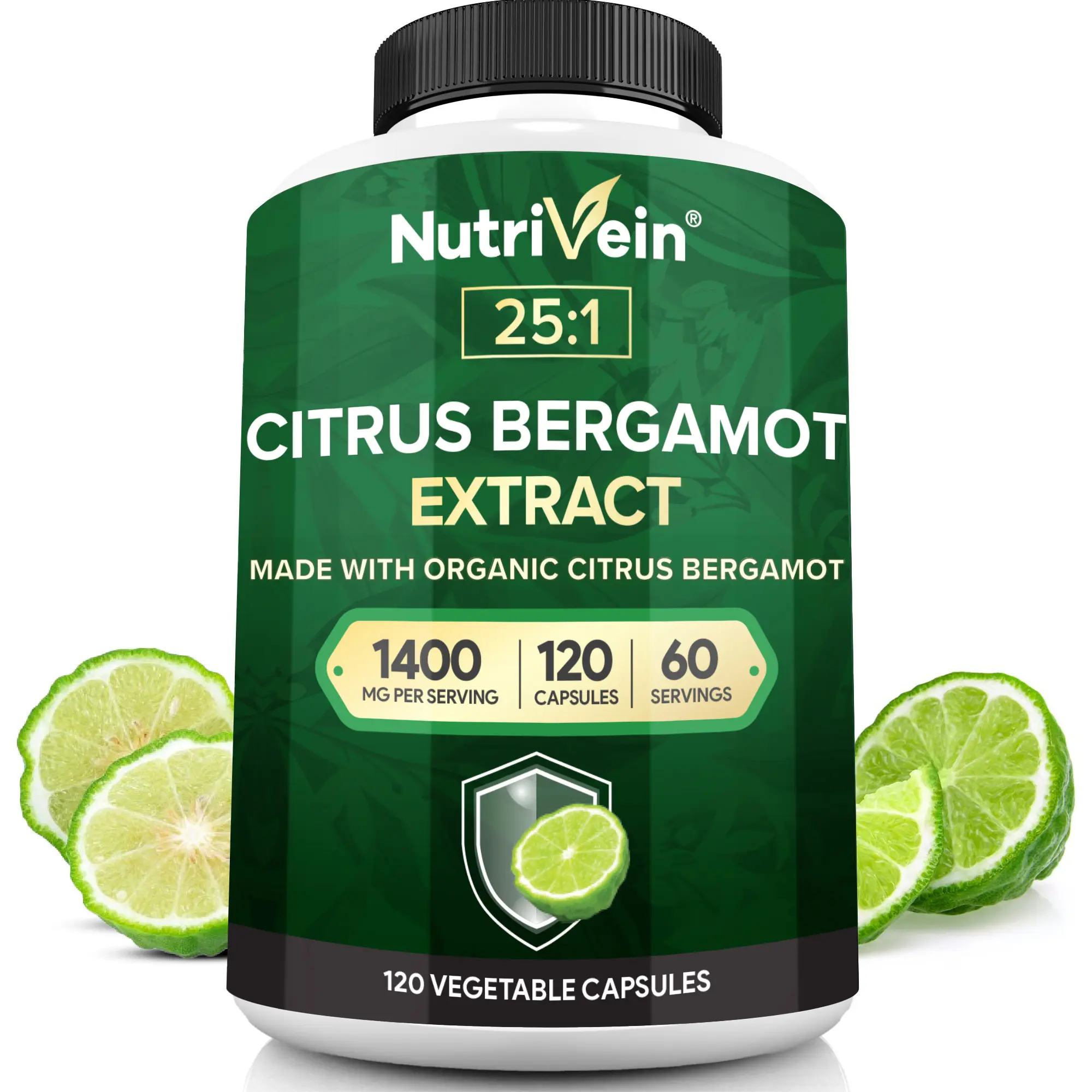 Nutrivein Organic Citrus Bergamot 25:1 Bergamia Extract 1400 mg, Fruit-Based Dietary Supplement, Natural Plant Extract Formula, Fitness & Daily Nutrition Support, 120 Capsules, 2 Capsules Daily