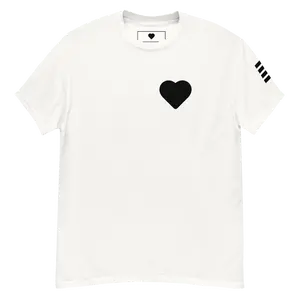 Heart & Stripes Classic Small Heart Tee – White with Black Sleeve Stripes