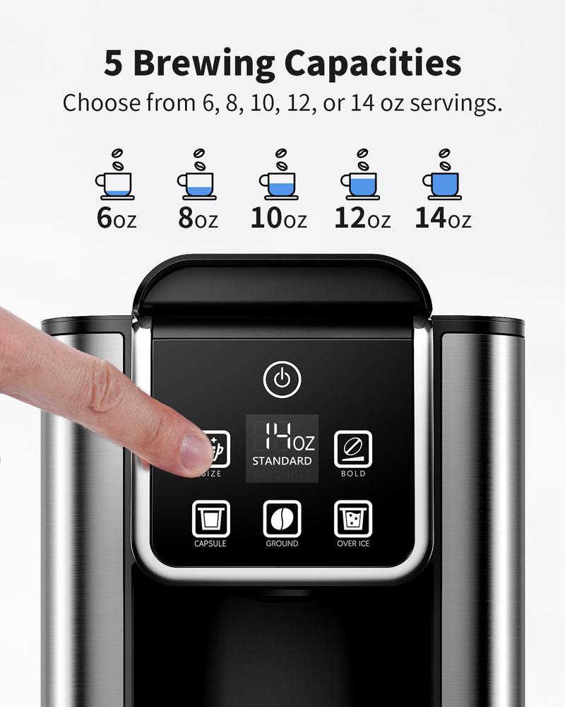 Hot & Iced Coffee Maker, Single Serve Coffee Maker for K Cup and Grounds, 6-14 Oz Brew Sizes, 50 Oz Removable Water Tank, One Cup Coffee Machine