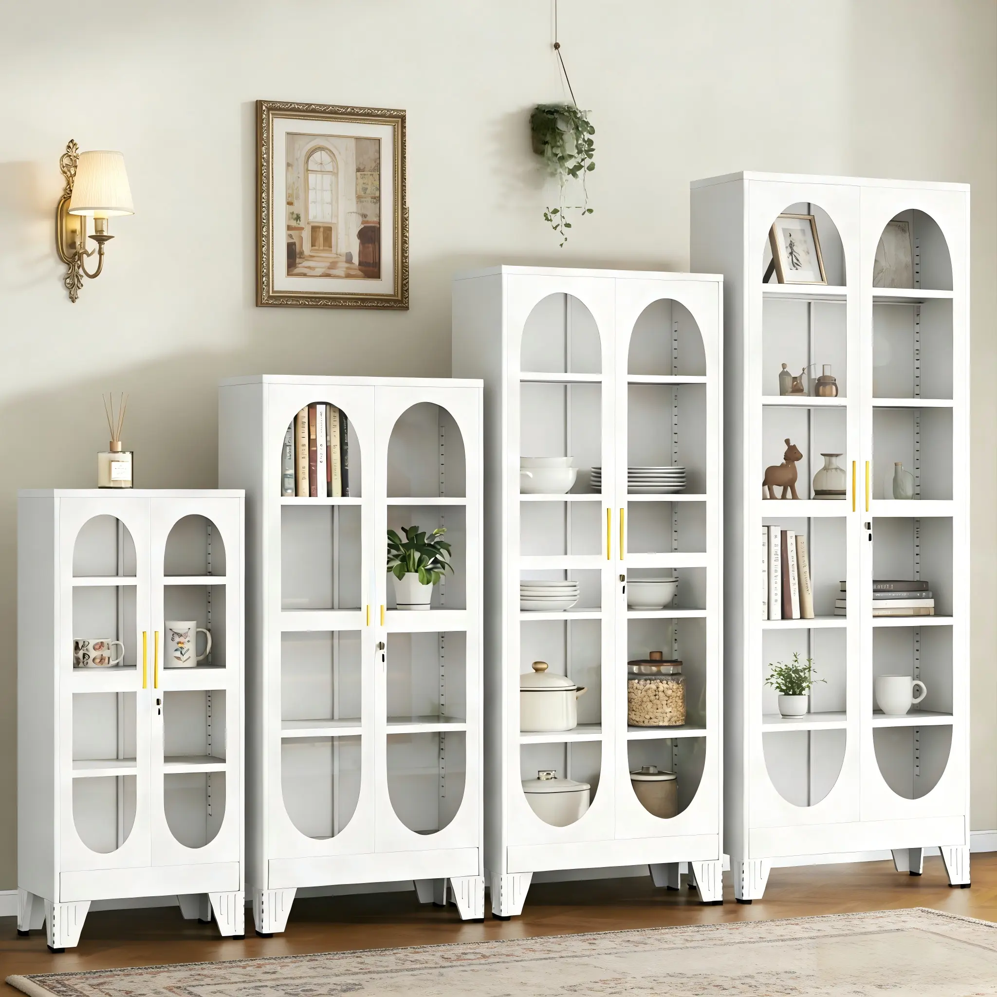 4 Sizes Locking Glass Display Cabinet, Tall Metal Curio Cabinet with Adjustable Shelves, Freestanding Showcase for Living Room, Collectibles, Liquor Bar, Home Office