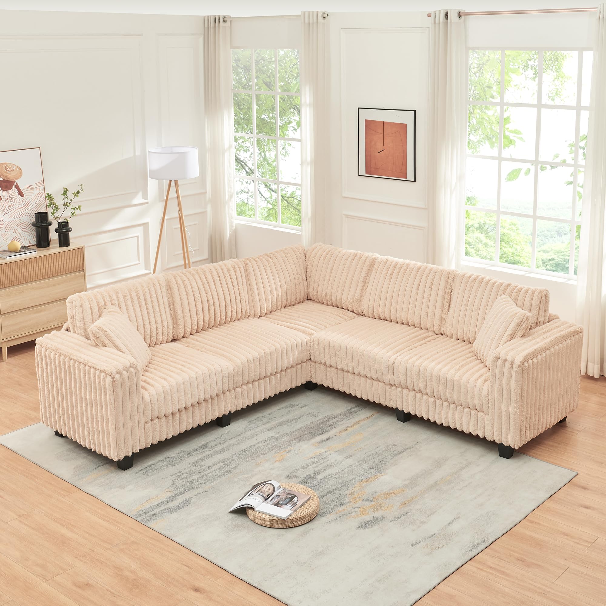 【2 Packages Shipping】Giratree 137" Plush Corduroy Cloud Velvet Modular Couch with Chaise, No Assembly Required L-V-U Shaped Sectional Sofa Set with Flexible Configuration