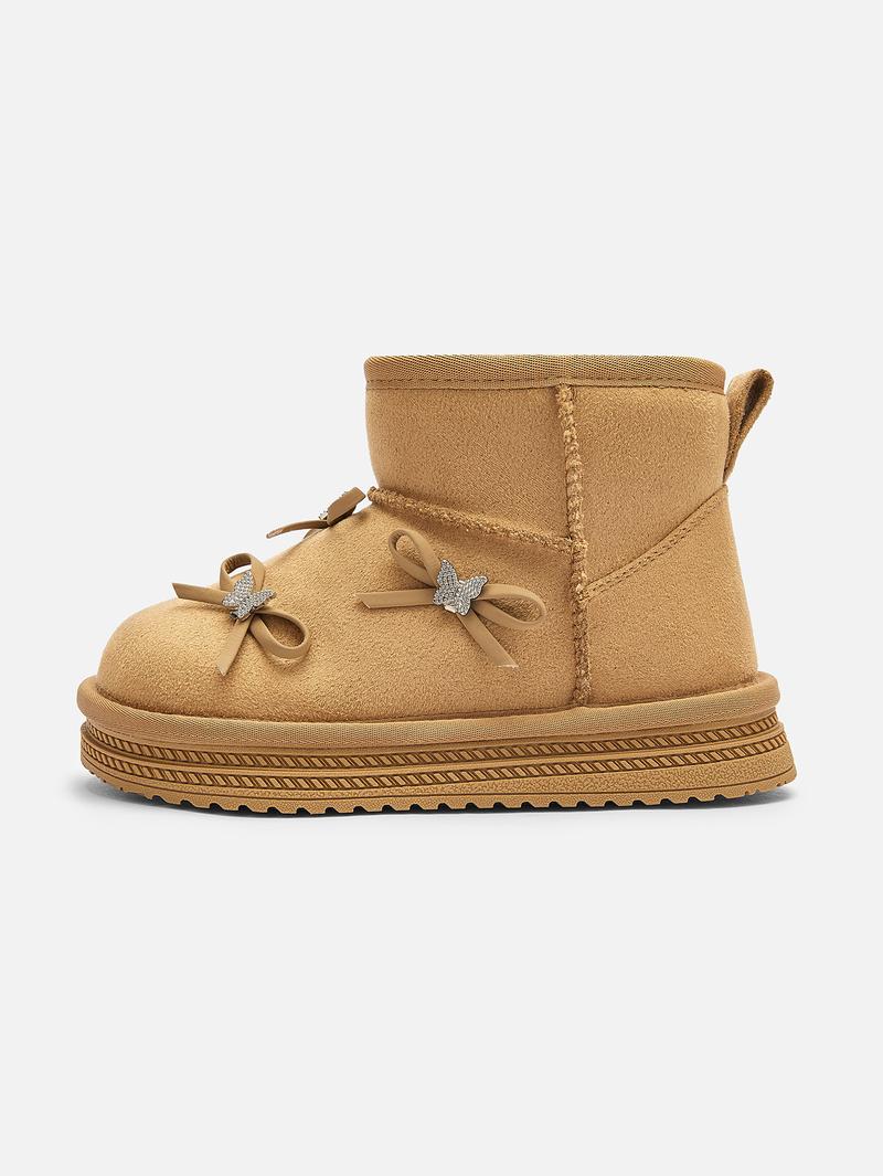 Balabala Girls' Fleece-Lined Suede Snow Boots - Warm Waterproof Anti-Slip Winter Short Boots with Bow Decoration & Anti-Bacterial Technology