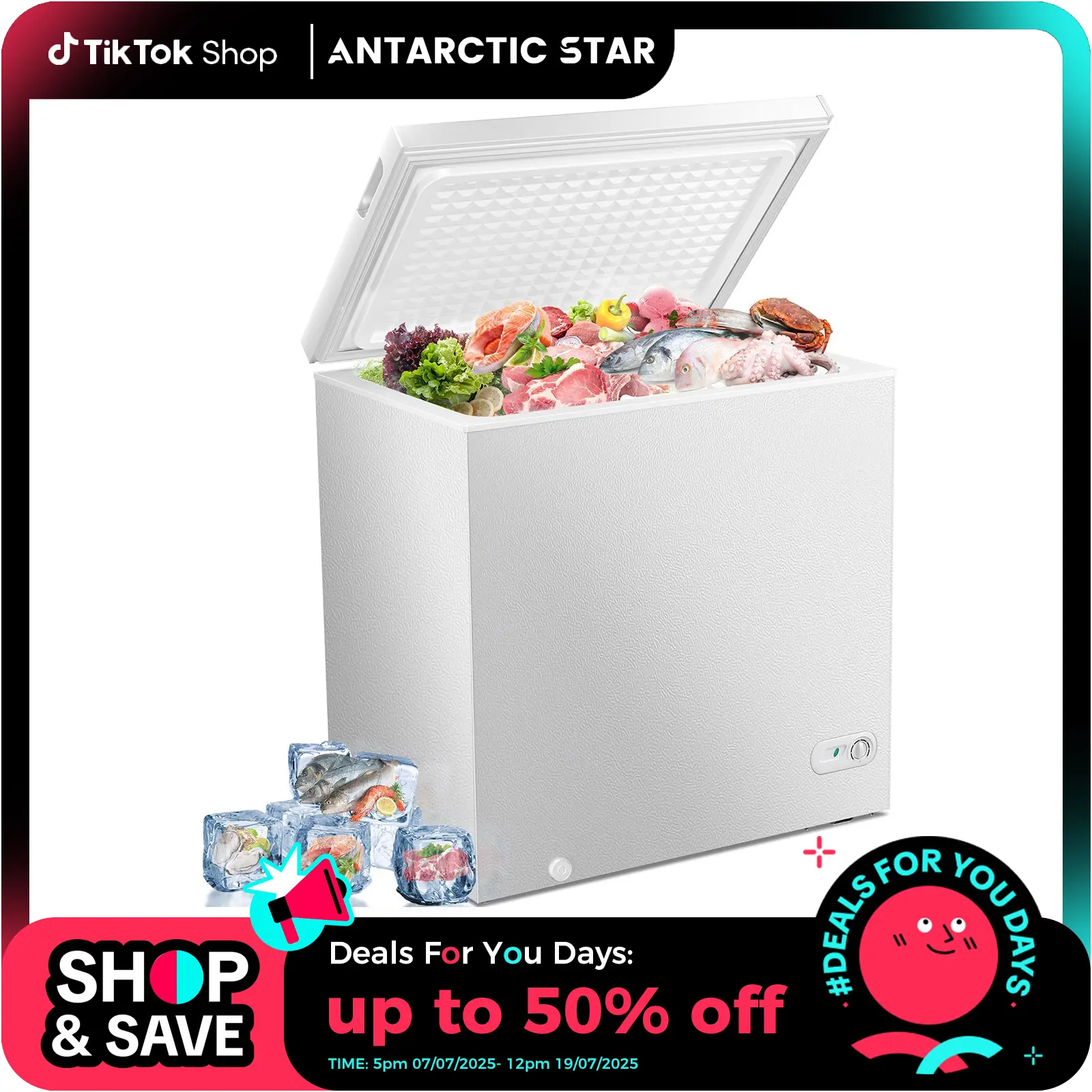 Antarctic Star 7.0 Cu.ft Compact Yet Powerful Chest Freezer, Free Standing Top-Open Door, 6.8℉ to -4℉ Adjustable 7-Temperature Settings, Removable Basket, Defrost Water Drain, Sealed Door Seal, Power On/Off Lights, Power Saving, UL Certified, Automatic Te