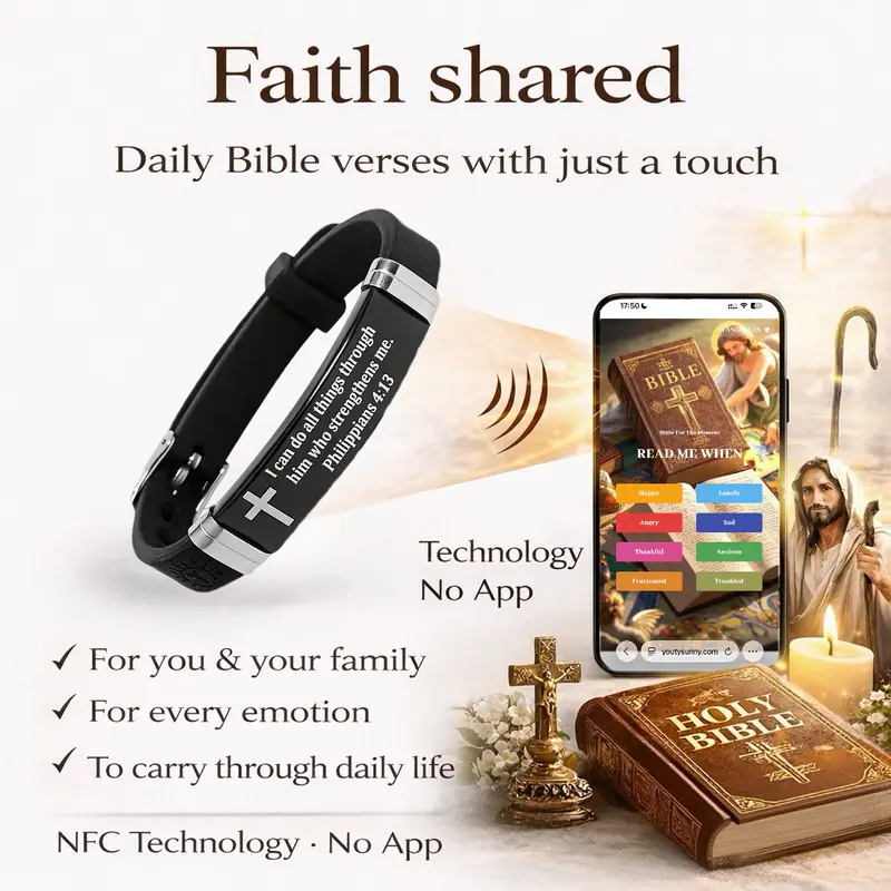 Youtysunny NFC Bible Verse Cross Bracelet – Adjustable Unisex Silicone & Stainless Steel, Precision Laser Engraving, 8 Emotion-Themed Options, Daily Scripture Push, Instant Spiritual Comfort, Christian Faith Wristband, Perfect Prayer & Family Gift