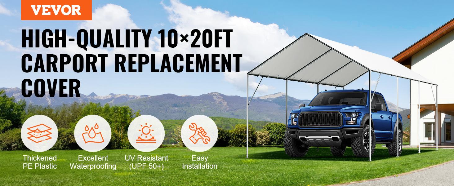 VEVOR 10 x 20 ft Carport Replacement Canopy Cover, TikTokShopBlackFriday, Garage Top Tent Shelter Tarp Heavy-Duty Waterproof & UV Protected, Easy Installation with 40 Ball Bungeess (Only Top Cover, Frame Not Include), White