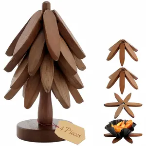 Natural Tree Trivet Set - 4 Wooden Trivets & 1 Stand - Heat-Resistant Foldable Design - Durable & High-Quality Solid Wood - Ideal for Hot Dishes, Pots, Bowls, Teapots - Kitchenware & Tableware Coasters Ideal Gift For Mom
