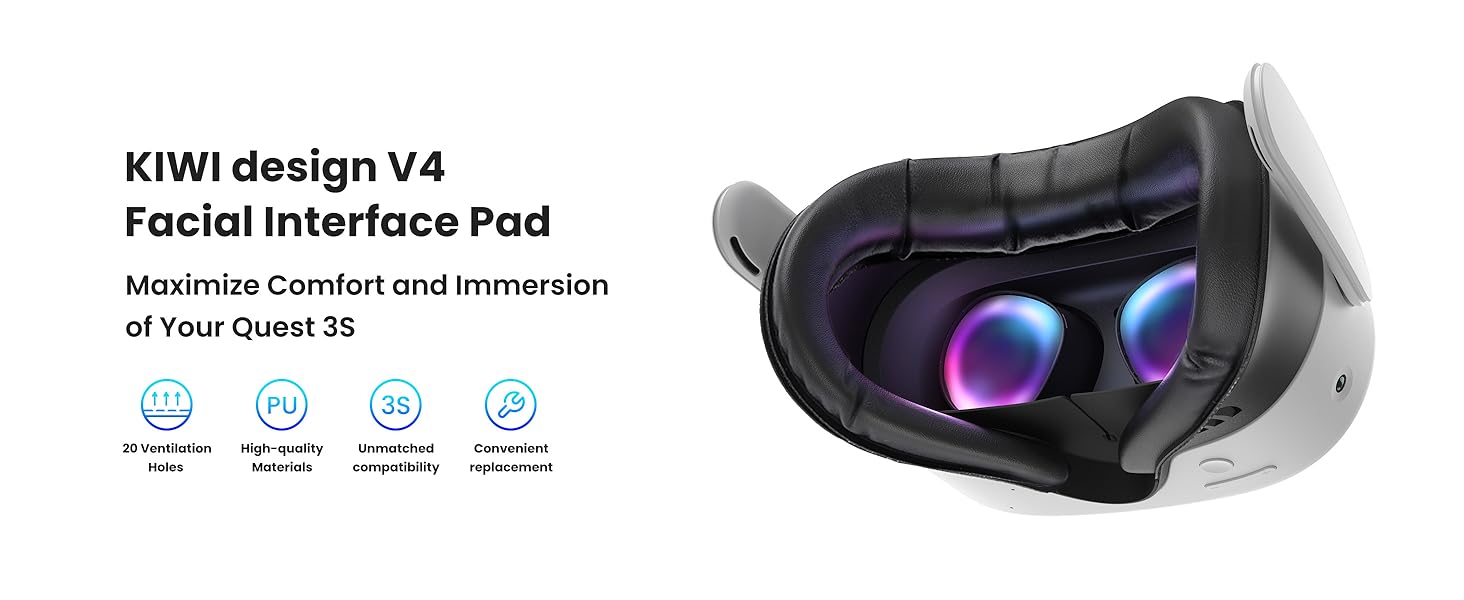 KIWI design V4 Facial Interface, 2 Face Pads Compatible with Oculus/Meta Quest 3S, Accessories for Quest 3S, NOT Compatible with Meta Quest 3