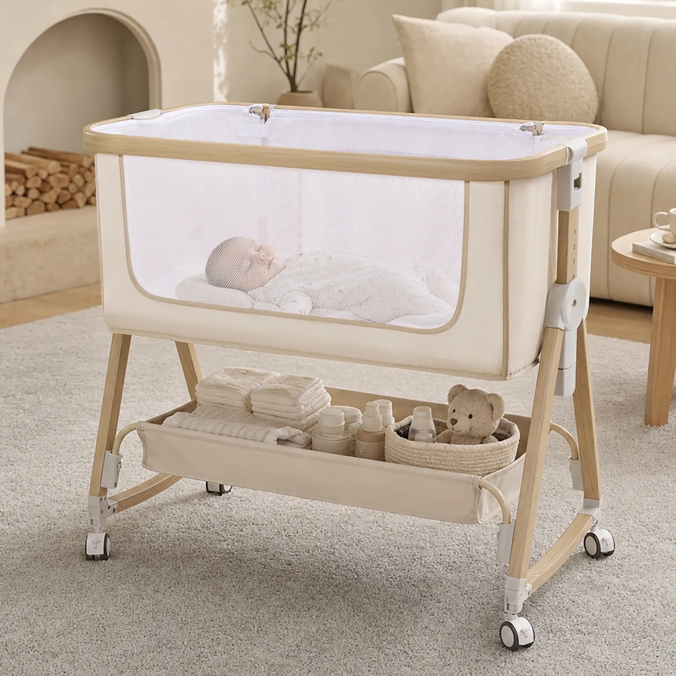 Baby Bedside Sleeper Bassinet for Baby - Multi-functional Infant & Toddler Bed with Storage Basket, Adjustable Height, Breathable Mesh, Washable Fabric, 360° Lockable Wheels, Large Storage Capacity
