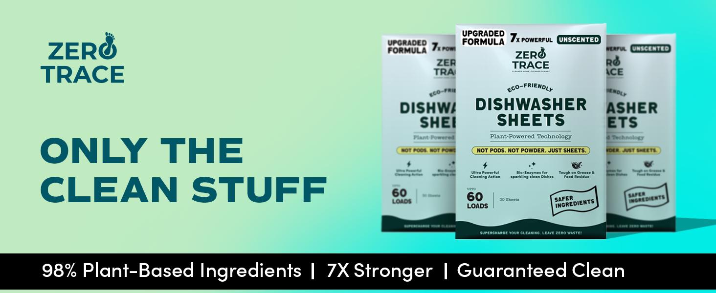 Zero Trace Eco-Friendly Dishwasher Detergent Sheets Unscented - 38 Plant-Based Sheets for Efficient Cleaning & Eco-Friendly Home Care - Ultra Concentrated PROTECH Formula - No Residue, Non-Toxic, Plastic-Free Packaging - Household