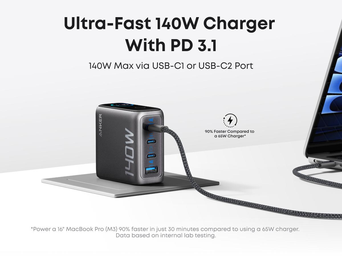 [Live Only] Anker 140W Laptop Charger, 4-Port Multi-Device Charging, 140W Max USB-C Charger, Advanced GaN Power, Intuitive Touch Controls, for MacBook, iPhone 16 Series, Galaxy, Pixel, and More