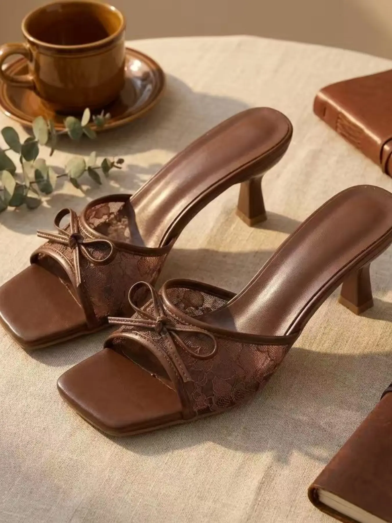 Elegant Coquette Aesthetic Chocolate Lace & Bow Decor Mules, Square Toe Kitten Heel Slip-On Sandals Women Shoe Summer Chic Summer Footwear