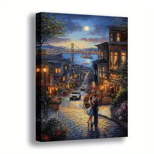 2D Flat, 1pc Golden Gate Bridge Canvas Wall Art - San Francisco Night Cityscape Painting with Moonlit Couple, Iconic Bay Area Landmark, Wrapped Canvas Frame, Ready-to-Hang Hanging Hooks - Elegant Modern Decor for Living Room, Bedroom, Office, 2D Fl