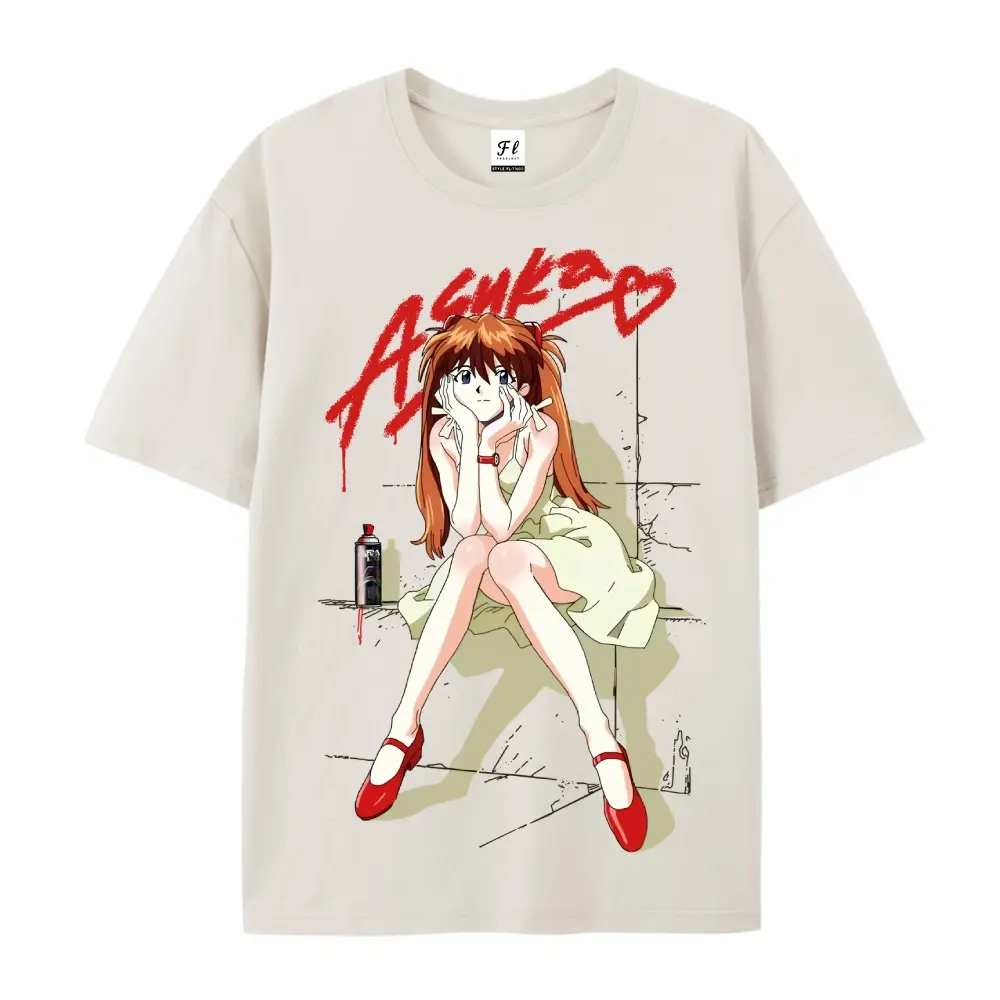 Men's Oversized Short-Sleeve Graphic T-Shirt - EVA Asuka Langley & Unit 02 Anime Print, 100% Cotton, Micro Elasticity, Unisex Casual Breathable Top, Mensfashion Retro Otaku Gift, Shortsleeve