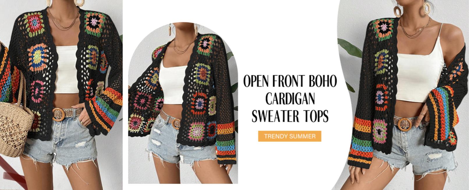 Kinghua Floral Crochet Cardigans for Women Trendy Spring Summer Hollow Out Open Front Boho Cardigan Sweater Tops Shrug sale lace lover granny square Vintage Tribal Knit Cardigan with Belt