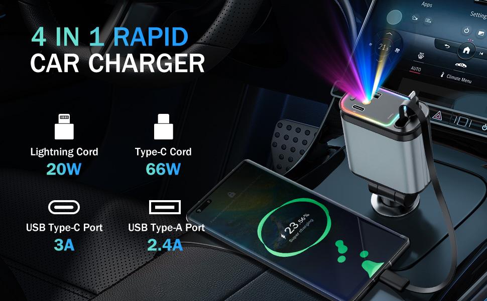 Car Charger with Starlight, 4 in 1 Retractable 66W USB C Car Charger with 2 USB Ports, Fast Car Charger Compatible with  iPhone 16 and Android