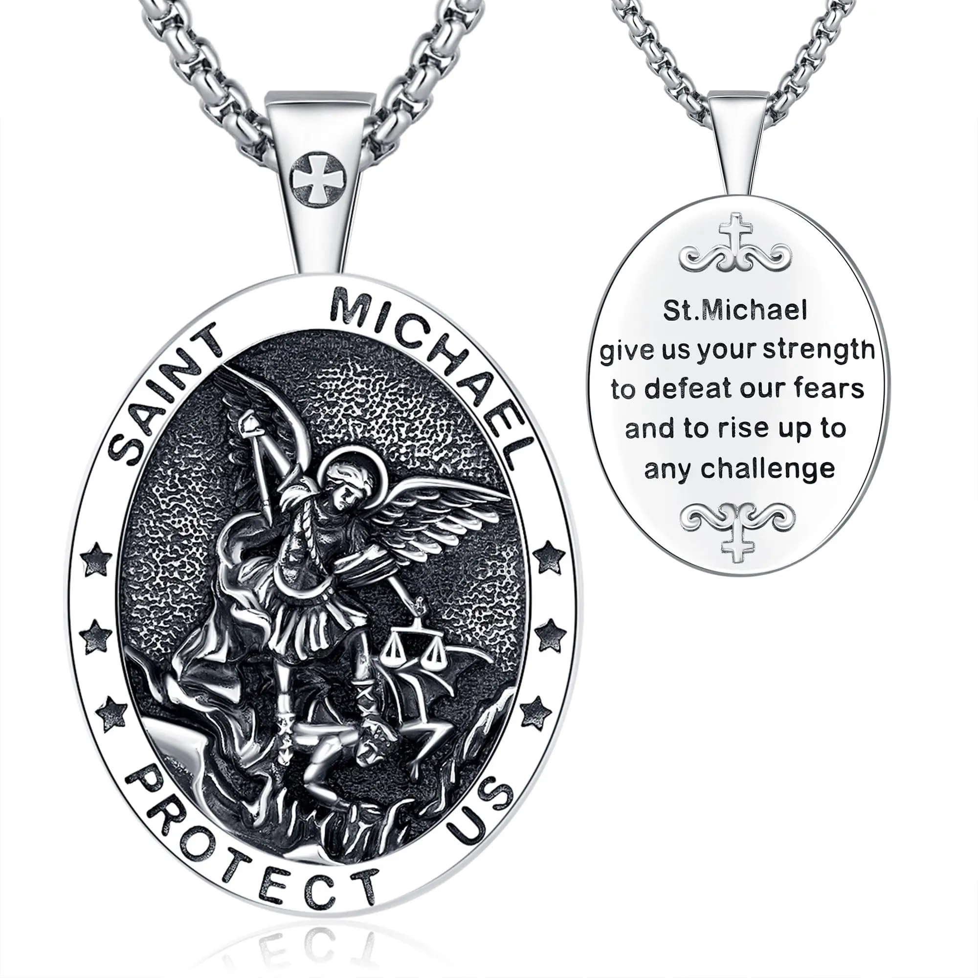 DRINSPER 925 Sterling Silver Saint Michael Engraved Detailed Pendant Necklace, Catholic Faith Cross Protection Amulet Jewelry for Men, Engraved Necklace, Pendants Necklace Chains, Silver Cross Silver Necklaces & Pendants