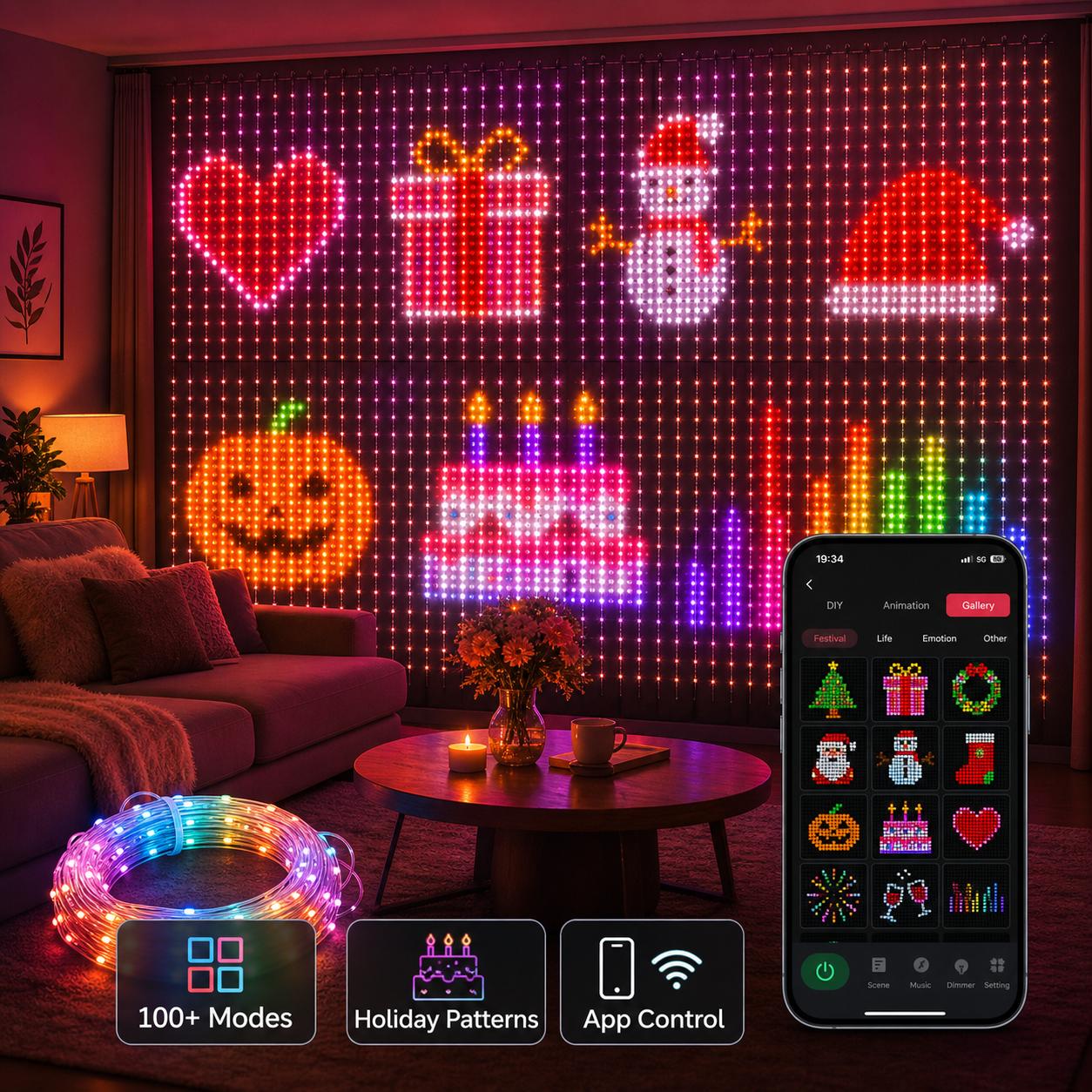 Smart RGB Magic Curtain Lights, 400-LED Interior RGB Lighting with DIY Text, Music Sync, 16M Colors, Custom Messages & Patterns, Adjustable LEDs, Ideal for Party, Holiday Decor Led Multicolor Custom Rgb Backlit Interior Rgb Lighting Smart RGB Magic Curtain Lights, 400-LED Interior RGB Lighting with DIY Text, Music Sync, 16M Colors, Custom Messages & Patterns, Adjustable LEDs, Ideal for Party, Holiday Decor Led Multicolor Custom Rgb Backlit Interior Rgb Lighting