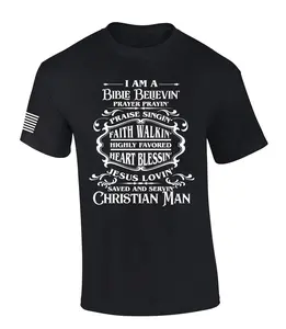 I'm A Bible Believing Prayer Praying Saved Serving Christian Man Whiskey Logo Parody Mens Christian Tshirt Cross Short Sleeve T-shirt Graphic Tee Classic Menswear