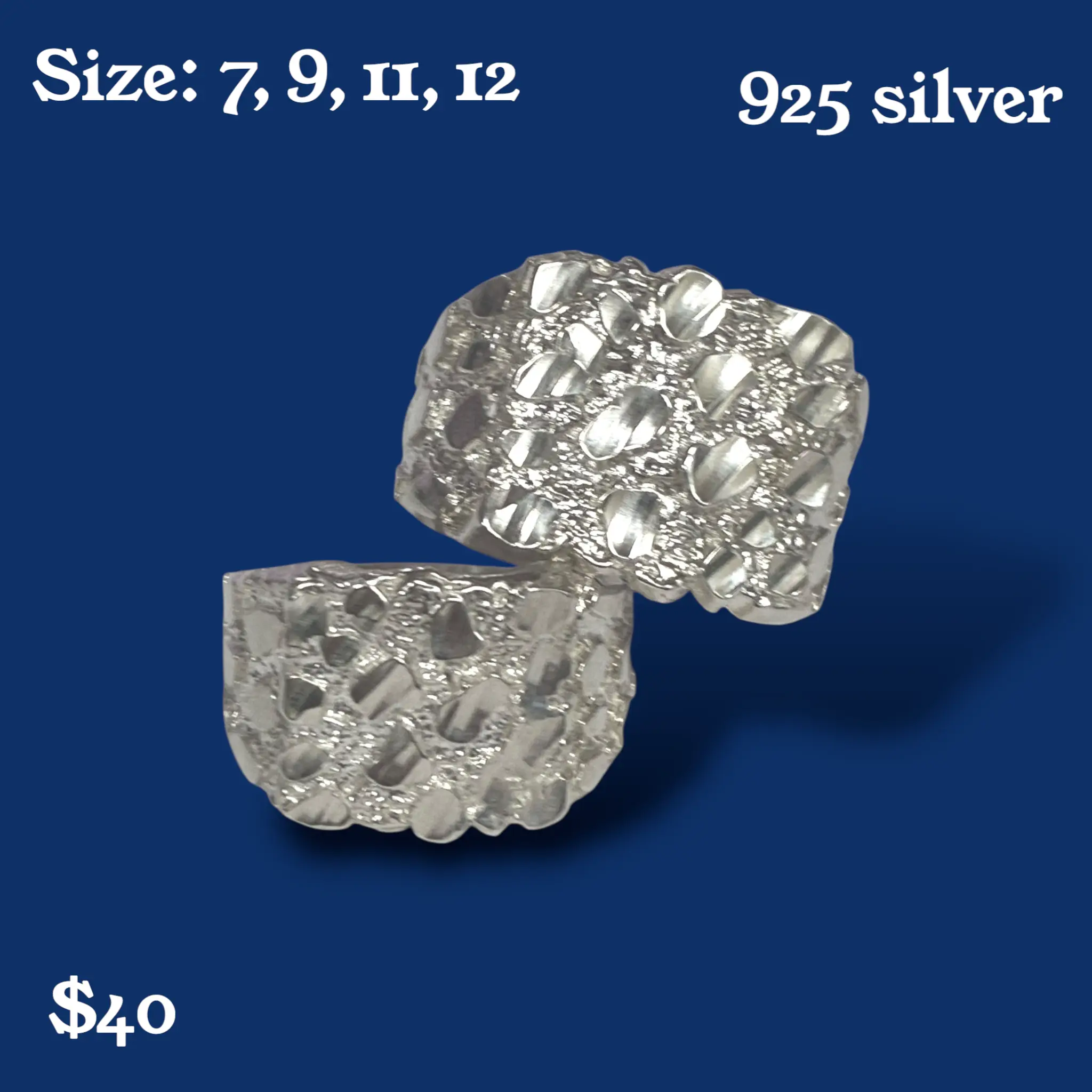 925 Silver Nugget Ring  Square Style Solid Sterling Silver No Stones Mens/Womens Statement Ring Sizes 7-12