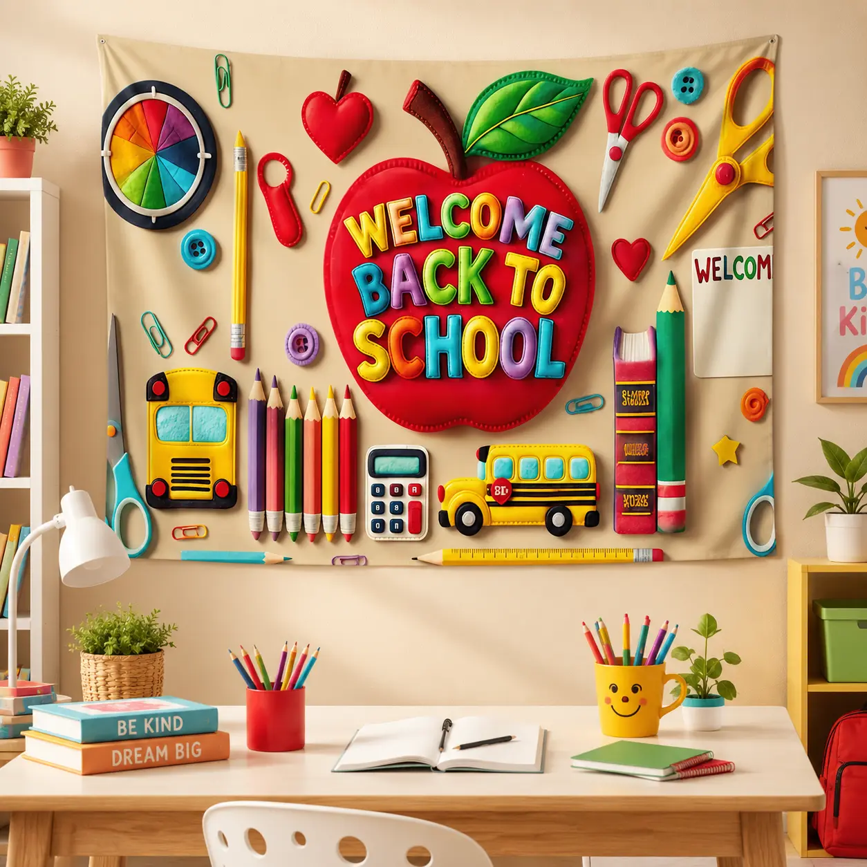 Welcome Back to School Tapestry, Colorful Classroom Wall Hanging with Crayons, Books, Rainbow and Bus, First Day Photo Backdrop for Preschool Kindergarten Elementary