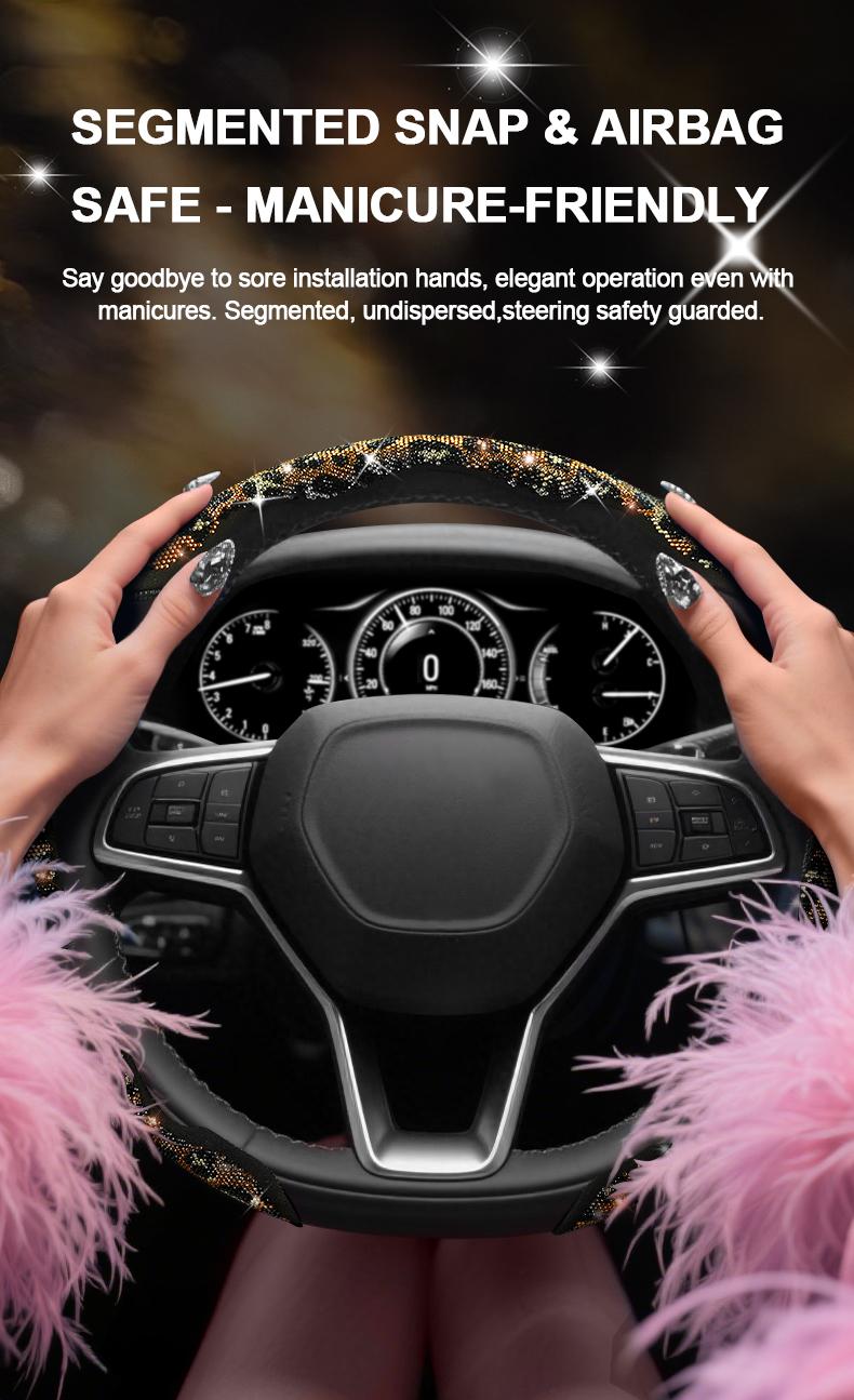 Queen's Land Leopard Print Diamond Bling Sparkly Car Steering Wheel Cover with Crystal Rhinestones, 3PCS Segmented Stylish Protector, Universal 13-15 Inch Fit for Women;Christmas Gift;Holiday Gift,car accessories for girls
