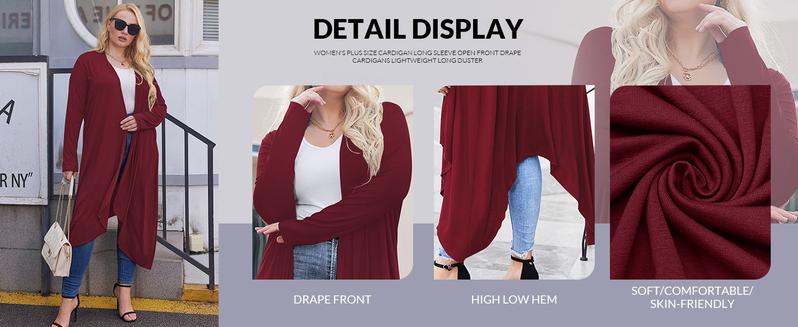 Women's Plus Size Cardigan Long Sleeve Open Front Drape Cardigans Lightweight Long Duster Size runs long/Slim fit version