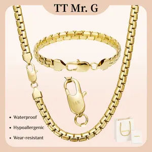 14K Gold-Plated Cuban Chain Necklace & Bracelet Set 7mm Hip Hop Style Vintage Stainless Steel Anti-Rust Waterproof Hypoallergenic Jewelry Gift Set with Luxury Gift Box for Women Men