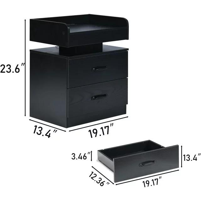 HOMBCK LED Nightstand with Charging Station, Modern Black Night Stand  Storage Drawers, End Side Table for Living Room