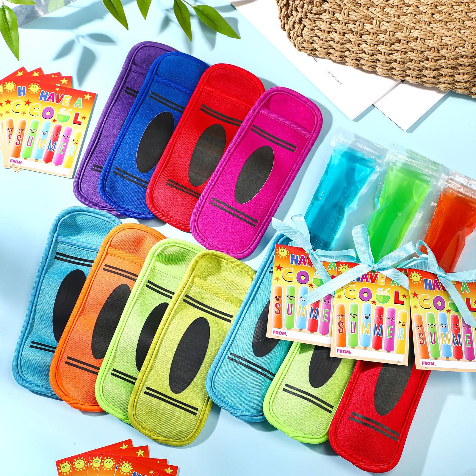 24/30 Pack End of School Year Gifts Reusable Ice Pop Sleeves with Gift Cards & Ribbon, Multicolor Washable Neoprene Popsicle Holders for Students, Classroom Prizes, Summer Favors
