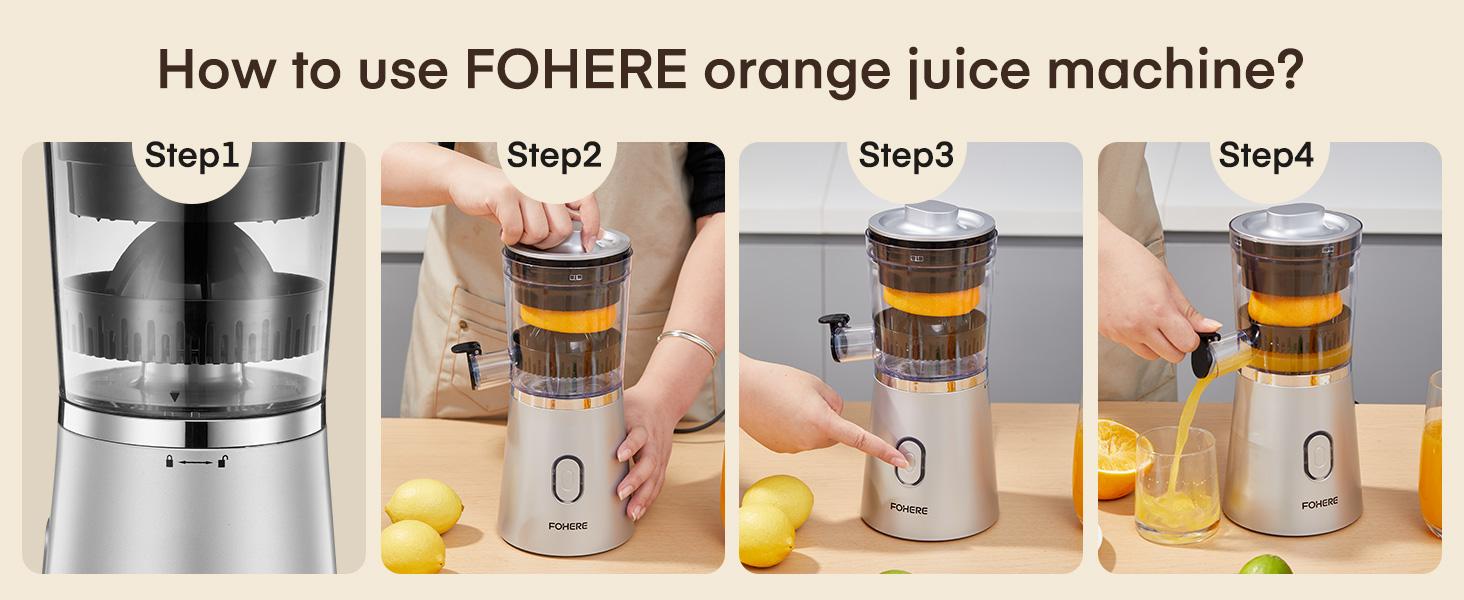 FOHERE Electric Citrus Juicer Squeezer, Automatic Orange Juicer with Power Cord, One Touch Operation, Portable Juicer Suitable for Lemon, Citrus Fruit, Easy to Clean, Silver