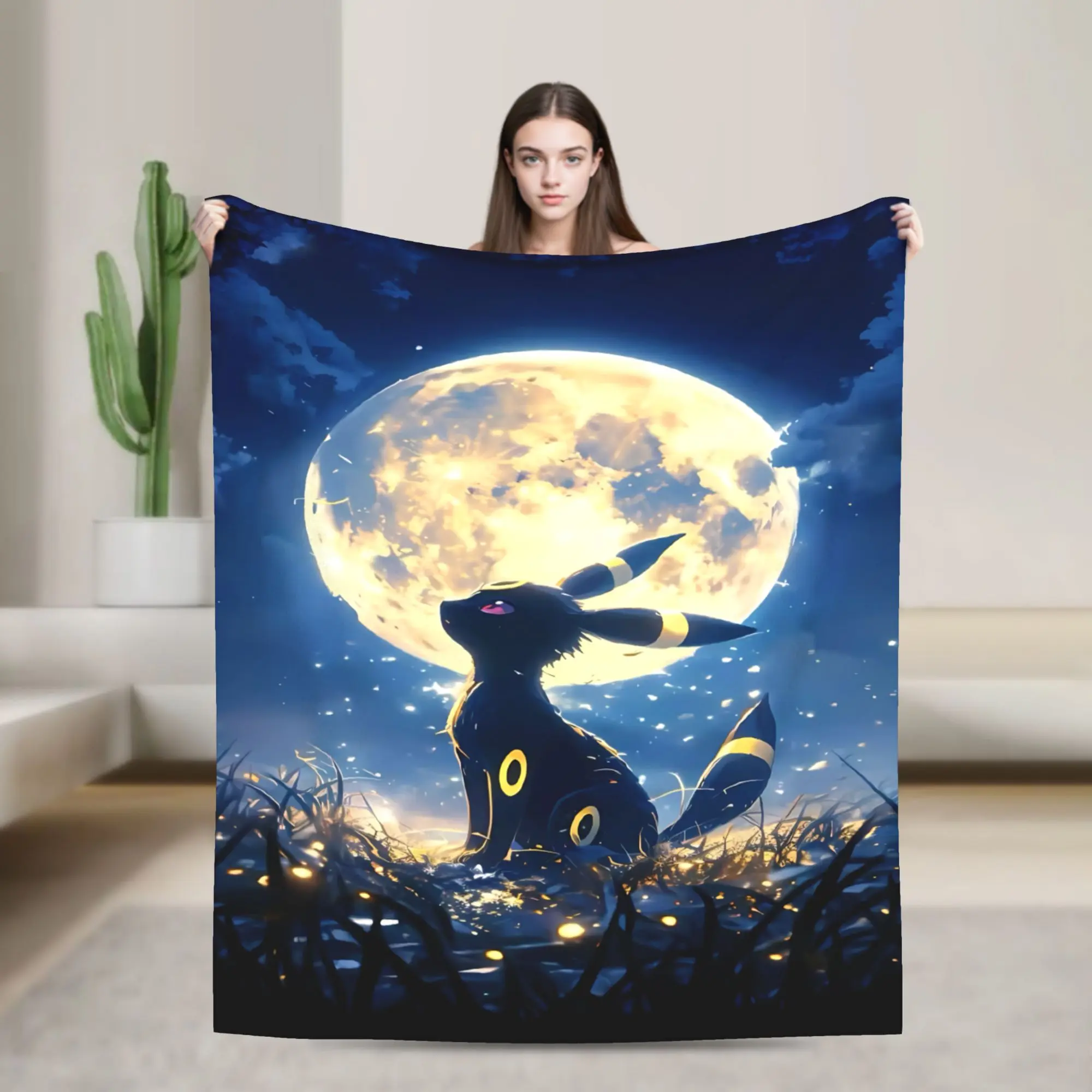 Anime Cartoon Eevee Umbreon Flannel Blanket Soft Cozy Warm Throw Blanket for Bedroom, Dorm Room, Sofa, Couch and Living Room, Perfect Fan Gift Multiple Sizes