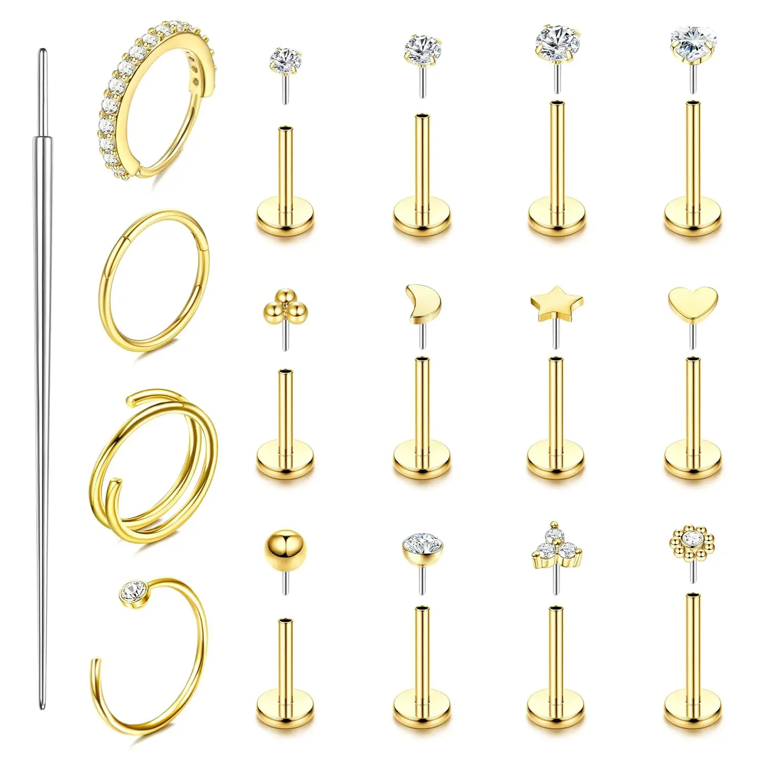 Rotunoe Hypoallergenic 14K Gold Plated Nose Rings & Flat Back Earrings, 20G/18G Surgical Steel Threadless CZ Nose Studs for Helix, Tragus, Cartilage, Nostril & Lip Piercings,back to school,back to school haul
