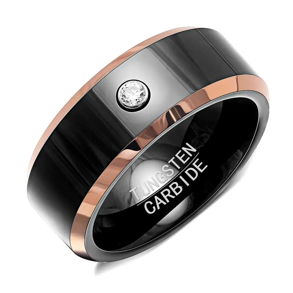 Tungsten Carbine Black Wedding Band for Men by Ginger Lyne |  Heavy Comfort Fit Rose Gold Accent Bridal Ring for Women | Solitaire Cubic Zirconia Wedding Jewelry for Couples