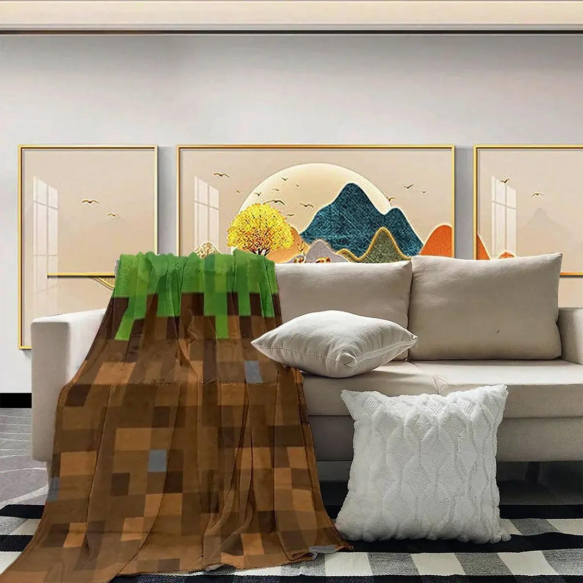 Pixel Grass Block Flannel Throw Blanket, Soft Cozy Gaming Fleece Blanket, Minecraft Style Gamer Room Decor for Bed Sofa Couch Dorm, Unique Birthday Christmas Gift For Gamers Kids Boys Teens