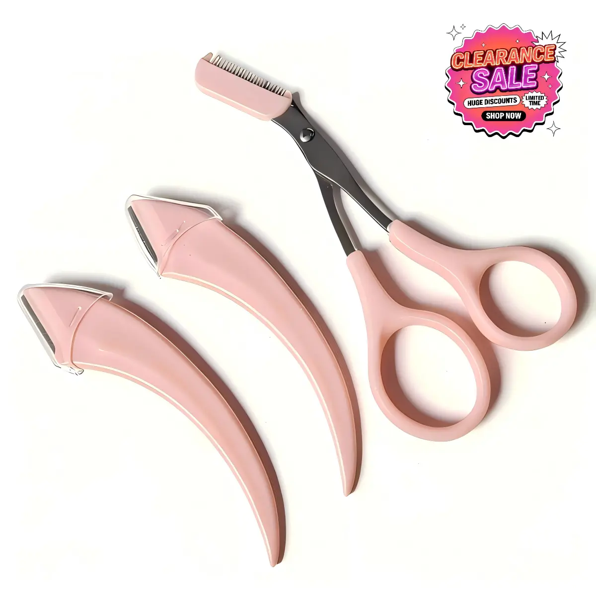Cosmetic Makeup Eyebrow Trimmer & Hair Removal Bathroom Kit, 2 Pink Curved Razors + Stainless Steel Blade Scissors, Beginner-Friendly, Salon-Approved, Precise Shaping, On-The-Go Flawless Brows Tool with Free Epilator Samples