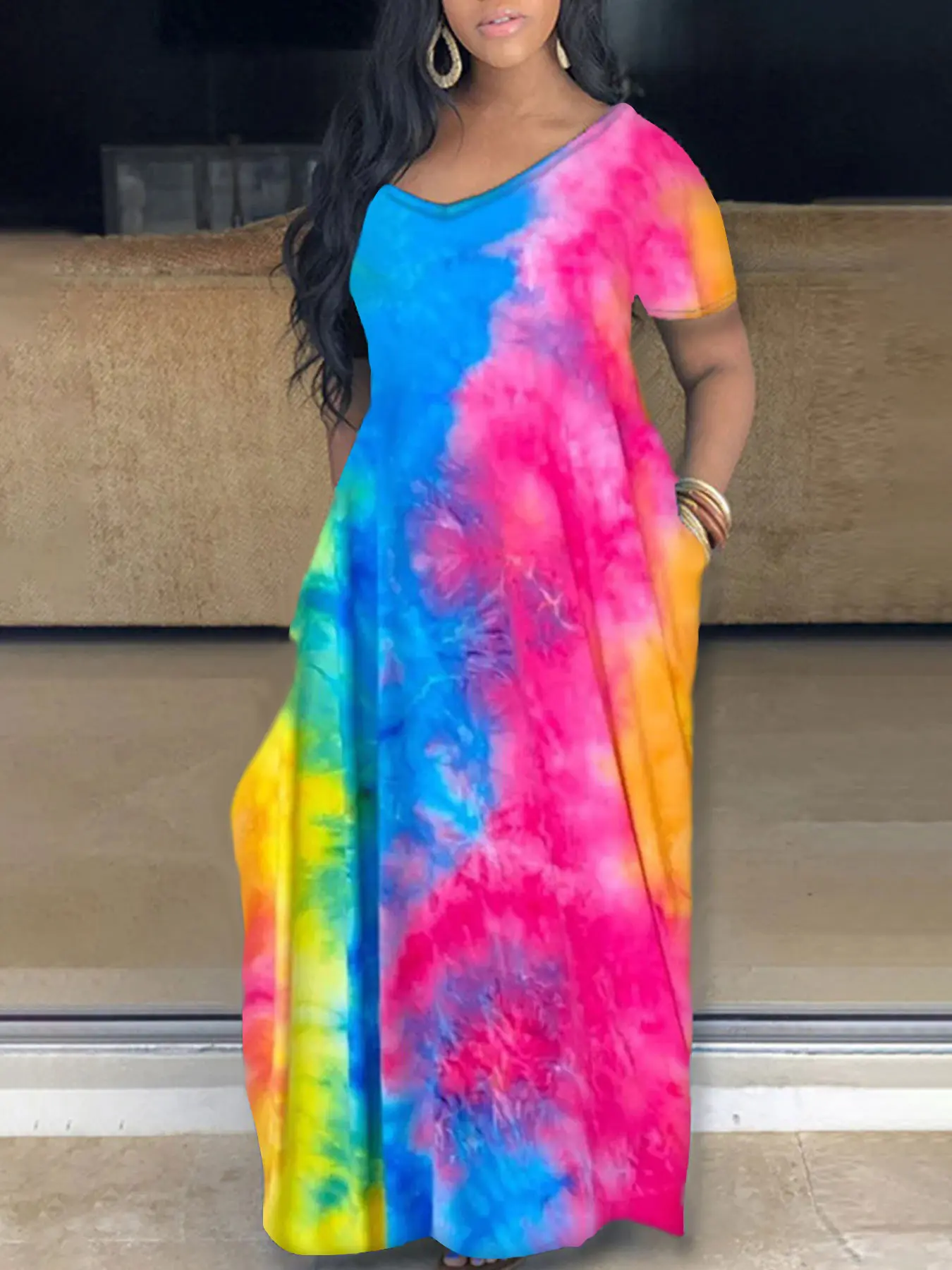 Plus Size Women's Rainbow Tie Dye Maxi Dress - Short Sleeve V Neck Casual Dress with Pockets for Spring Summer Vacation and Daily Wear, Casual, Shortsleeve - TikTok Shop Plus Size Women's Rainbow Tie Dye Maxi Dress - Short Sleeve V Neck Casual Dress with Pockets for Spring Summer Vacation and Daily Wear, Casual, Shortsleeve - TikTok Shop