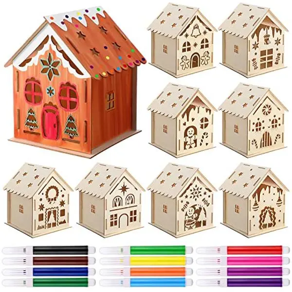 DIY Wooden Christmas Gingerbread House Craft Kit - Build & Paint Wood Projects with Watercolor Pens, Quality Time with Kids Woodworking, Decoration Party Supplies, Christmas Tree Ornaments