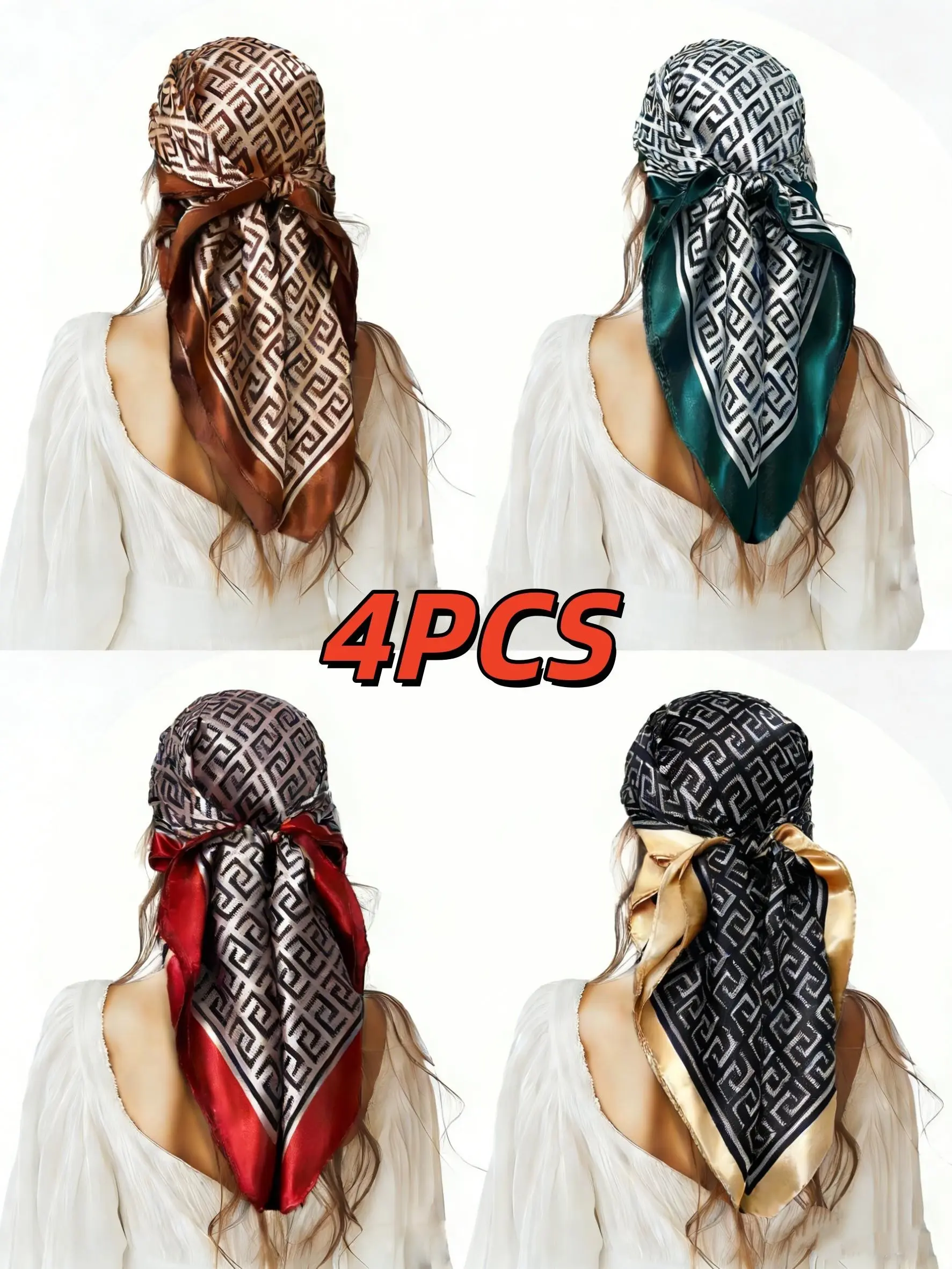 Set of 4 Geometric Print Scarves, Scarf Wrap, Versatile Headscarf, Scarf for Hair, Thin Woven Fabric, Casual Fitted Style, All Season Use, European and American Fashion Accessories