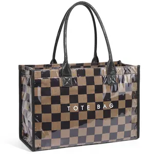 Women's Retro Letter Tote Bag Transparent Minimalist Large Capacity Commuter Handbag with Checkered Design for Daily Use