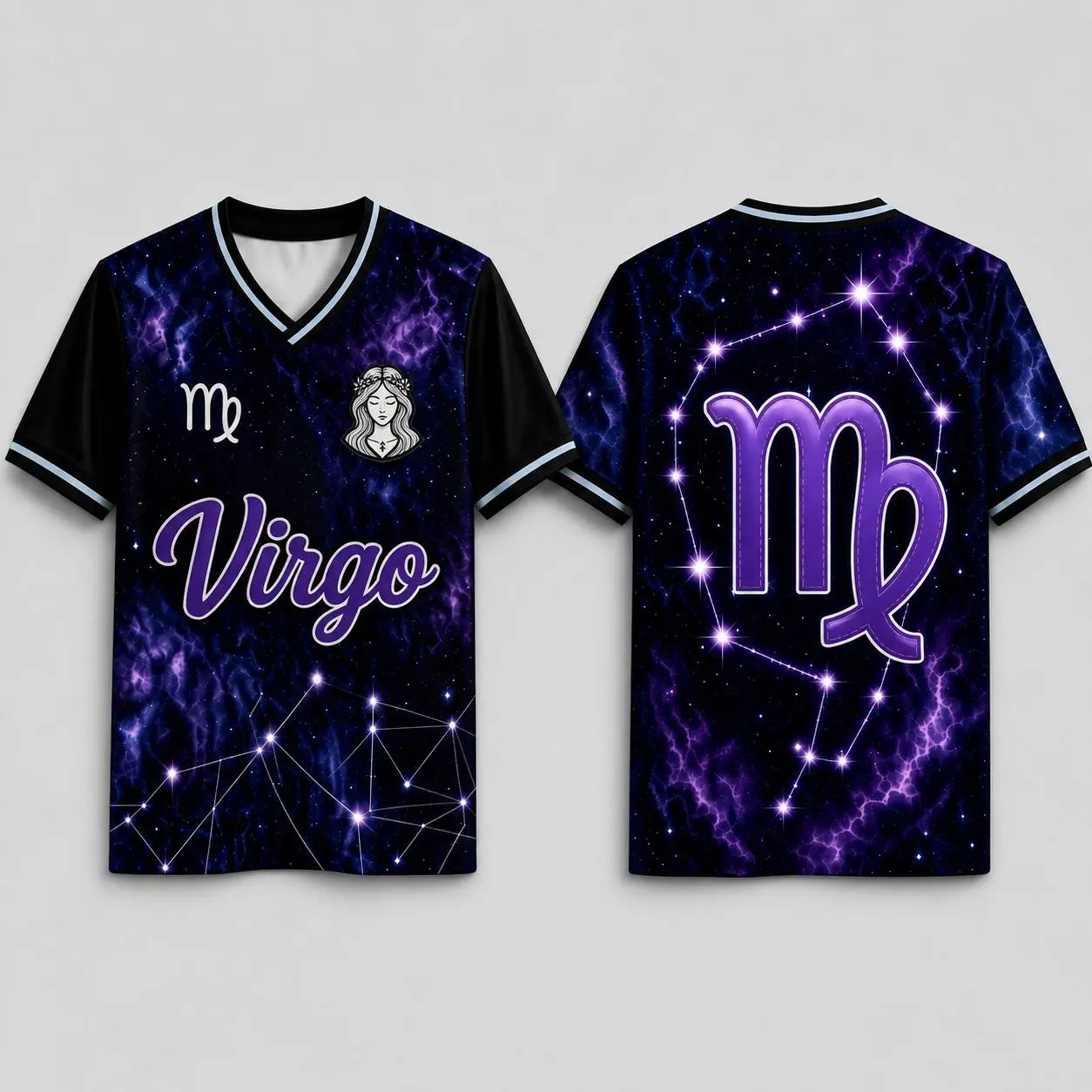 Cosmic Legacy 12 Zodiac Signs V-Neck Jersey, Unisex Astrology Horoscope Graphic Baseball Shirt, Birthday Gift for Men Women