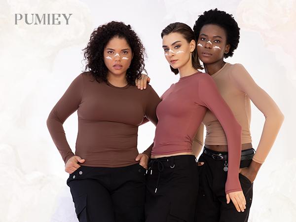 PUMIEY Long Sleeve Basic Tee Women's Crew Neck Slim Fit Tops Streetwear Minimalist Double Layer Compression Tee Casual Cloud Going outfits Office Outfits Women Elegant Classy tops Cute Fall outfits TikTokShopHolidayHaul Christmas Giftideas
