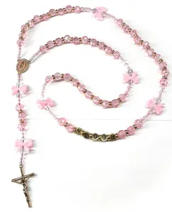 Pink crystal baby pink bows name rosary