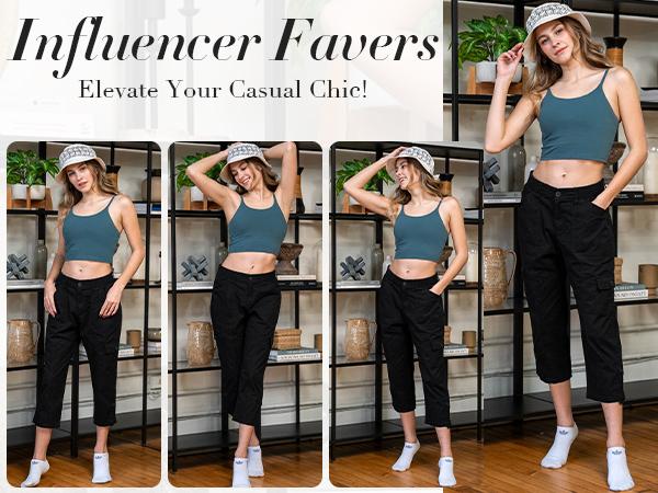 GRAPENT Cargo Capri Pants for Women High Waisted Relaxed Fit Elastic Knit Waist Casual Capris Trousers Cropped Pants