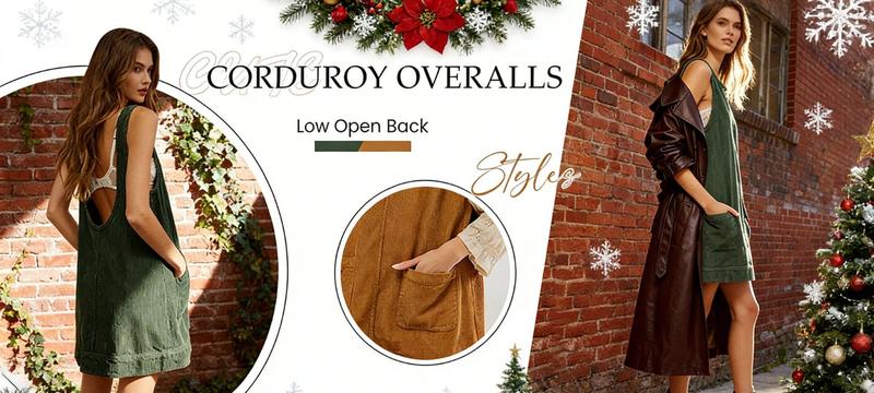 Ommig Women's Corduroy Overall Dress Round Neck A Line Skirtall Jumper Mini Dress Pinafore with Pockets ValentinesDay Outfit