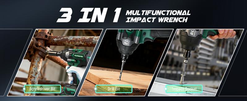 PAOWAFOL 3 in 1 Cordless Impact Wrench,Electric brushless impact wrench with 2×4.0 Battery,Sockets,Drills,Screws-Ideal for Car&Home,Gift for family