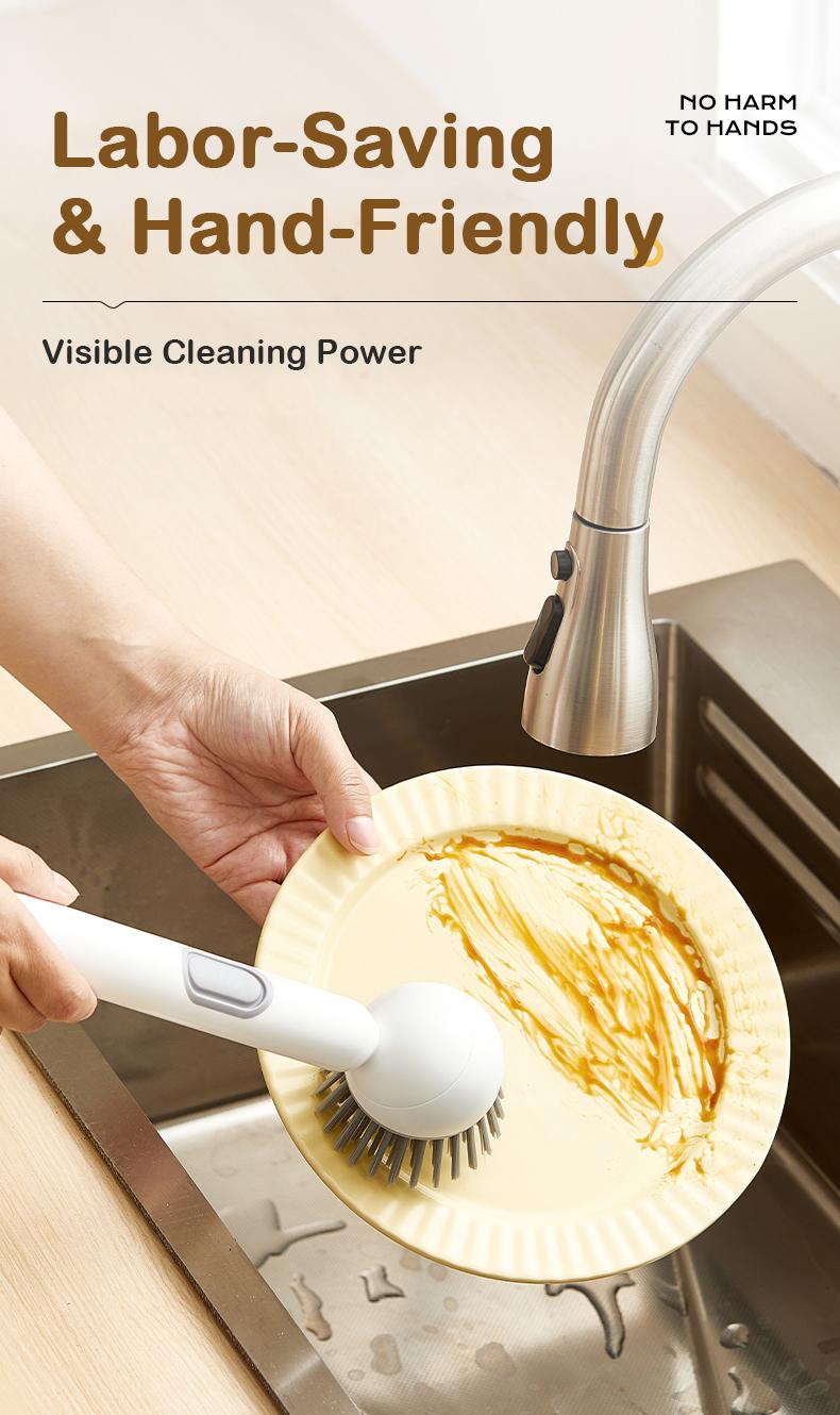 6-in-1 ABS Dish Brush with Leak-proof Soap Dispenser, Adjustable Angle, Rotatable Scrub Function, Wall Mount - Includes Scouring Pad, Soft Bristles Lift Stubborn Stains, Rinse & Drain Clean for Sink, Pots