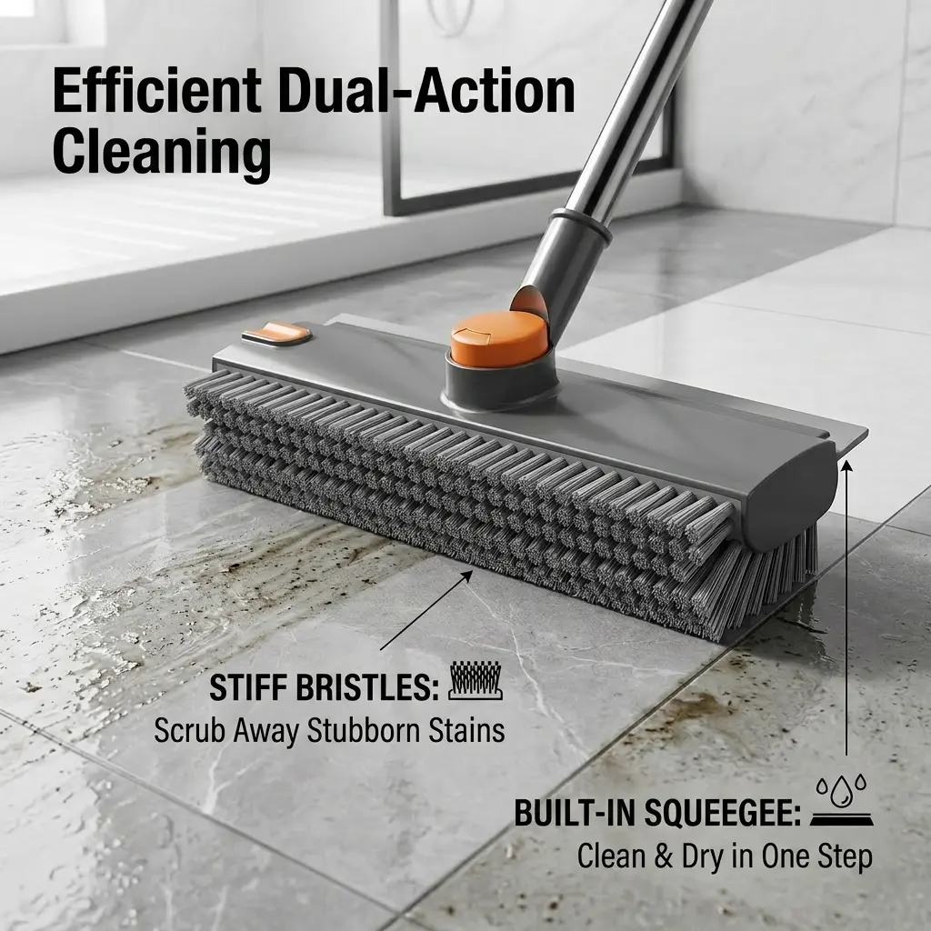 3-in-1 Floor Scrub Brush with Long Adjustable Handle, 360° Bristle Brush, Smooth Silicone Squeegee Broom for Concrete, Tile, Deck Cleaning, Grey White Black, Stainless Steel, Glass Compatible