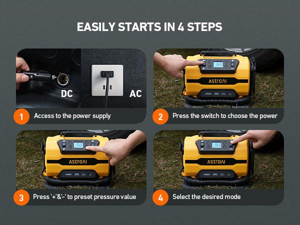 AstroAI Portable Tire Inflator, 150PSI,  12 V DC/120 V AC Dual Power, with Dual Metal Motors & LED Light,Yellow Tool Car Air Compressor