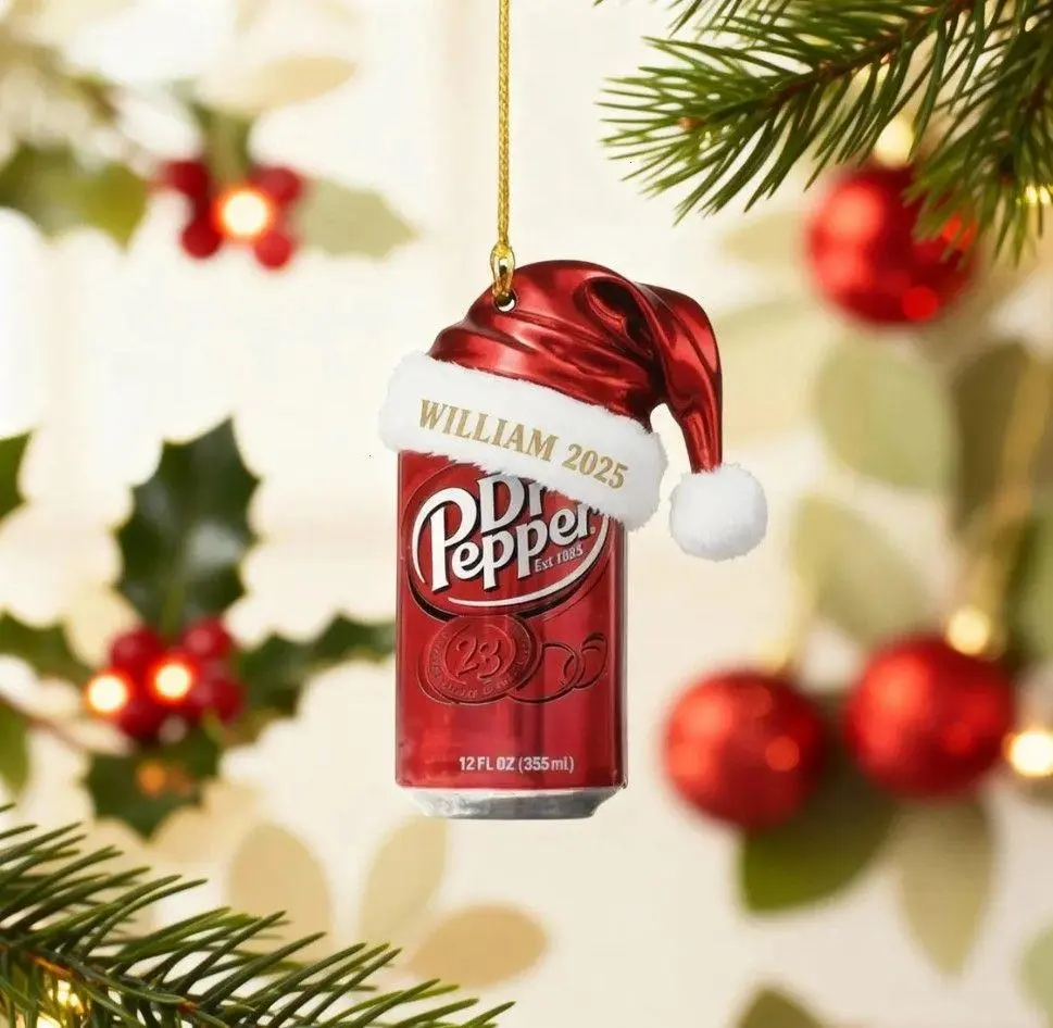 Personalized Dr Pepper Acrylic Ornament with Name, Funny Personalized Christmas Gift with Santa Hat Name, Soda Lover Christmas Ornament